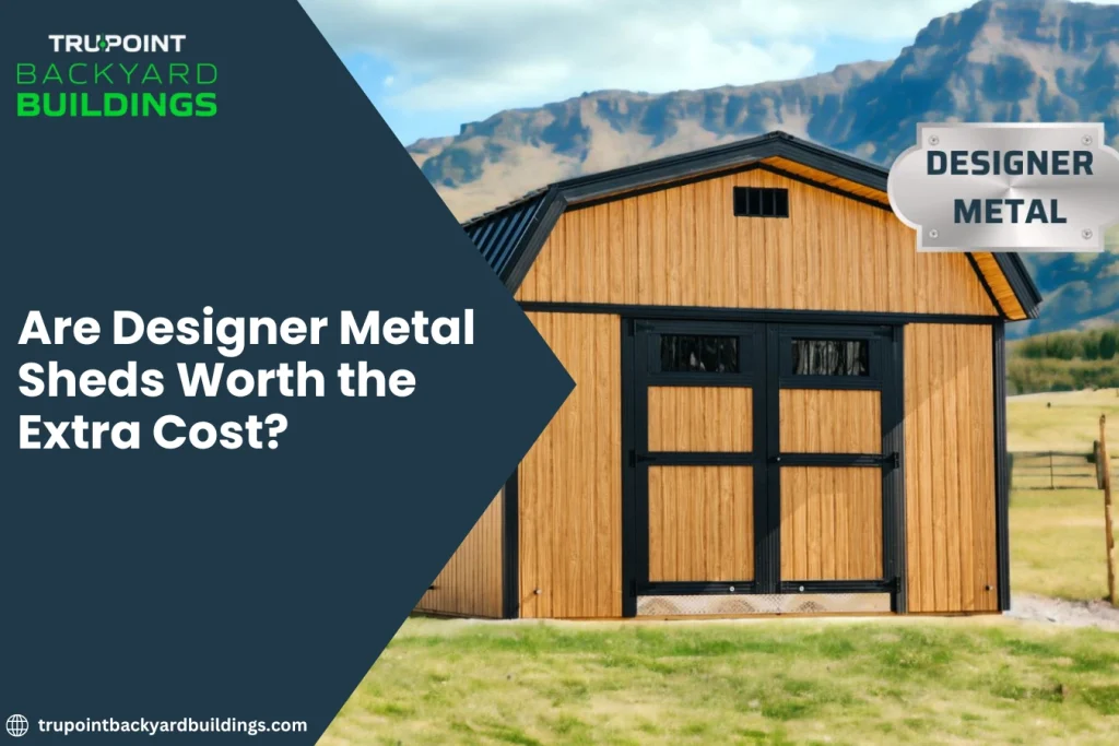 Designer metal shed with modern exterior design, durable metal construction, decorative trim, and spacious storage area installed in a well maintained residential backyard.