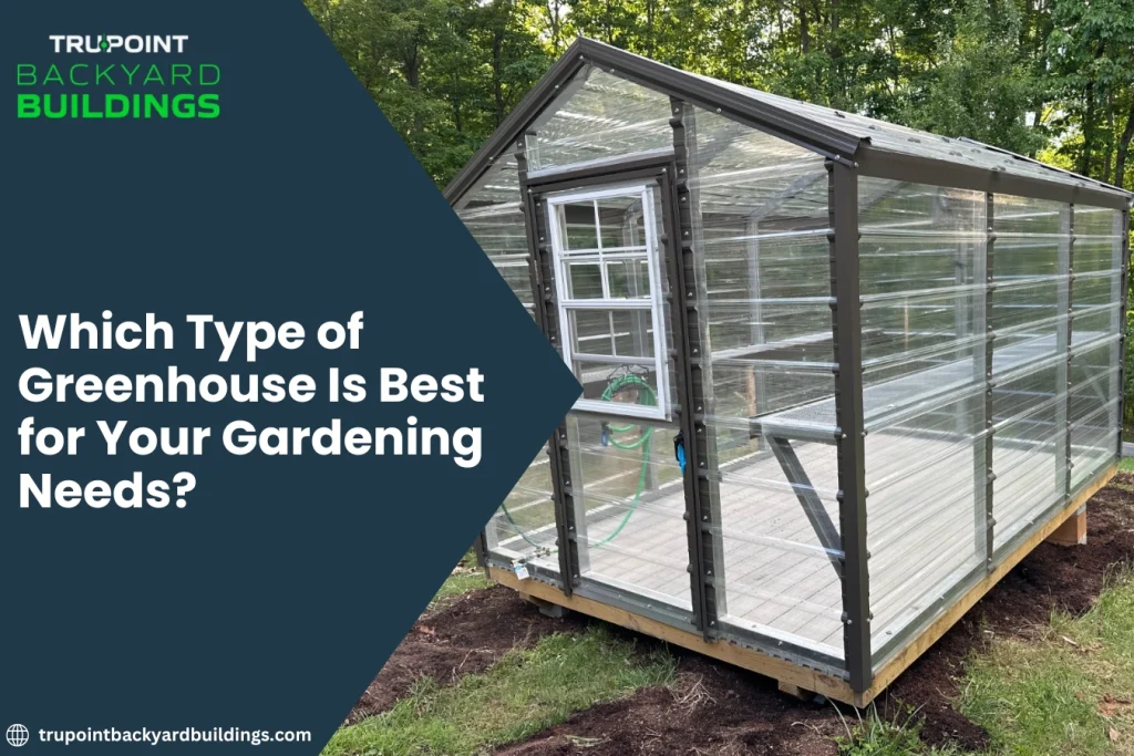 Custom greenhouse with green wainscoting, durable steel tubing, and interior growing shelf