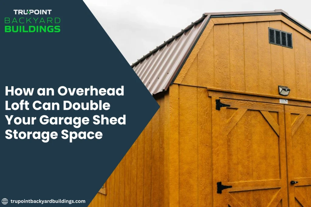 Garage shed with an overhead loft providing organized storage space for seasonal items, tools, and outdoor equipment.